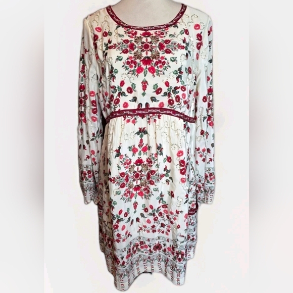 Free People Dresses & Skirts - Free People Cream Floral Long Sleeve Boho Dress with Red Accents